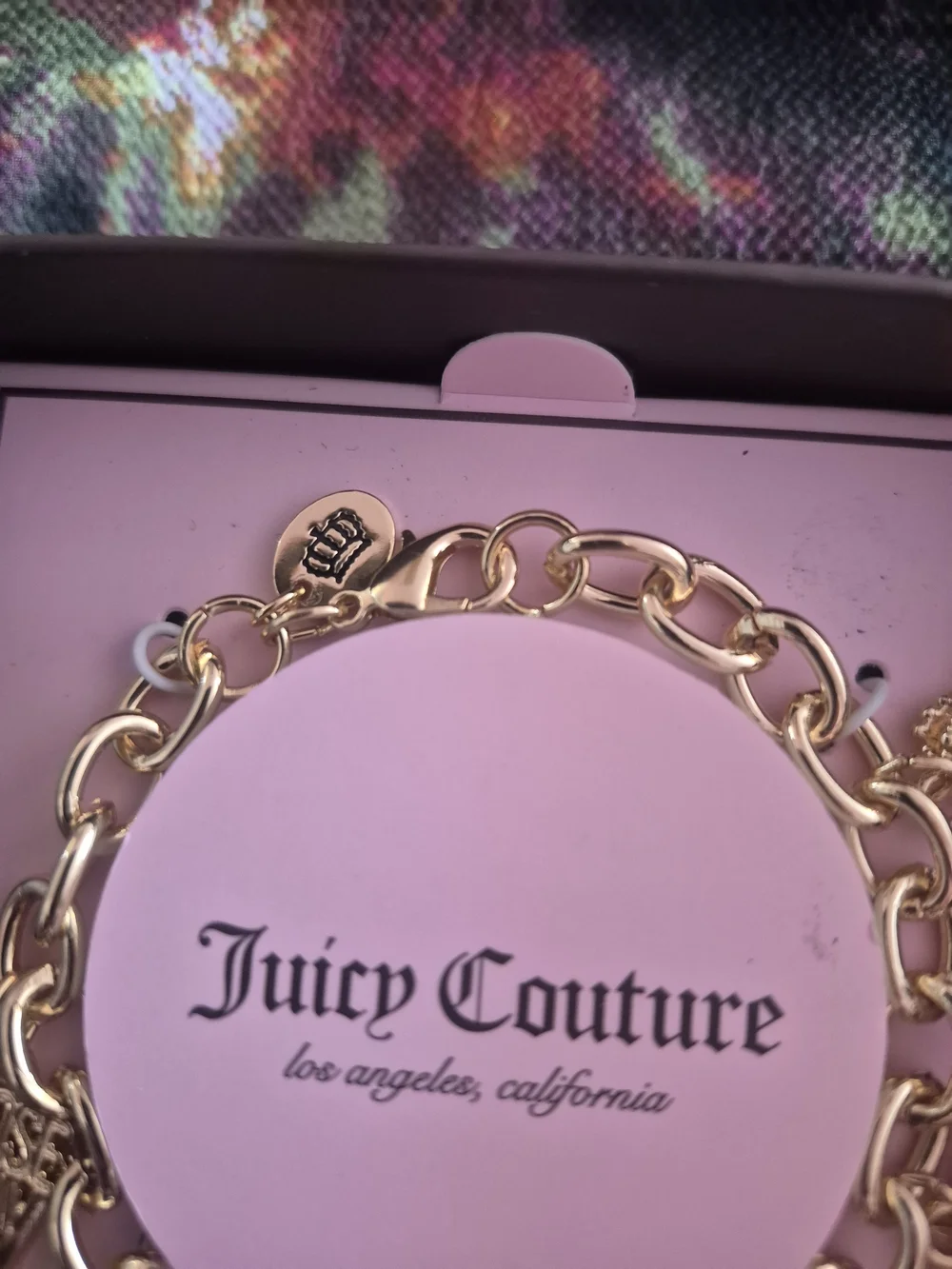 Juicy Couture Gold Tone Charm Bracelet with Scottie Dog, Heart & Bow